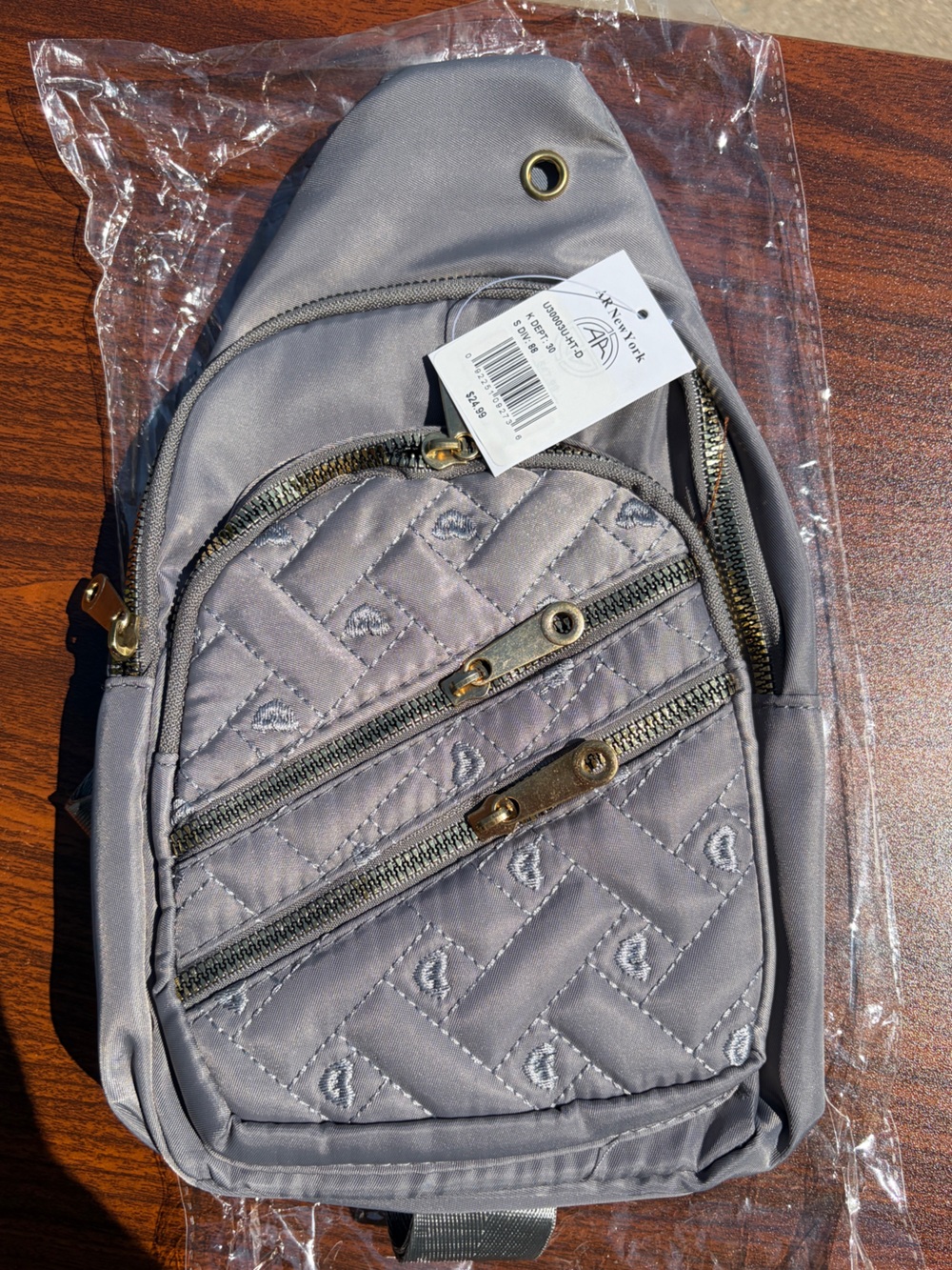 AR New York Gray Quilted Heart Sling Bag Crossbody Multi Pocket NWT